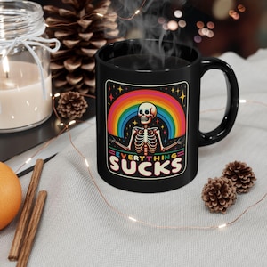 Everything Sucks Skeleton Black Mug, Fun Gift for Halloween, Quirky Coffee Cup, Unique Home Decor, Ideal for Friends