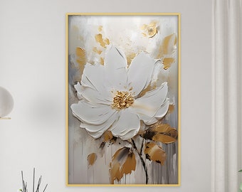 Minimalist Flower Oil Painting on Canvas, Large Wall Art Original Floral Wall Art Abstract Custom Painting Gold Decor Modern Living Room Art