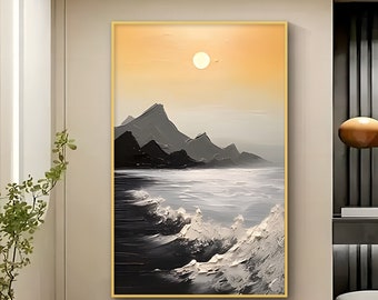 Abstract Sunrise Seascape Oil Painting on Canvas, Custom Texture Ocean Landscape Acrylic Painting Modern Wall Art Living Room Decor