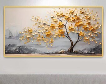 Arbre abstrait paysage peinture à l'huile sur toile or original texturé minimaliste art mural personnalisé moderne salon personnalisé décoration cadeau