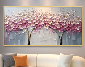 Arbre en fleurs original peinture à l'huile sur toile grand abstrait texturé floral rose art mural personnalisé moderne salon décoration d'intérieur