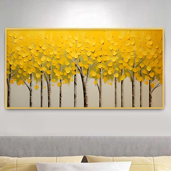 Original Forest Landscape Oil Painting on Canvas Large  Abstract Yellow Birch Tree Textured Wall Art Custom Modern Trendy Living Room Decor