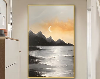Abstract Moon Seascape Oil Painting on Canvas, Custom Texture Ocean Landscape Acrylic Painting Modern Wall Art Living Room Decor