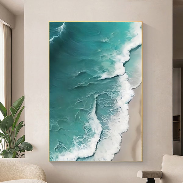 Original Beach Oil Painting on Canvas, Large Abstract 3D Textured Green Sea Wave Wall Art Custom Modern Boho Fashion Living Room Home Decor