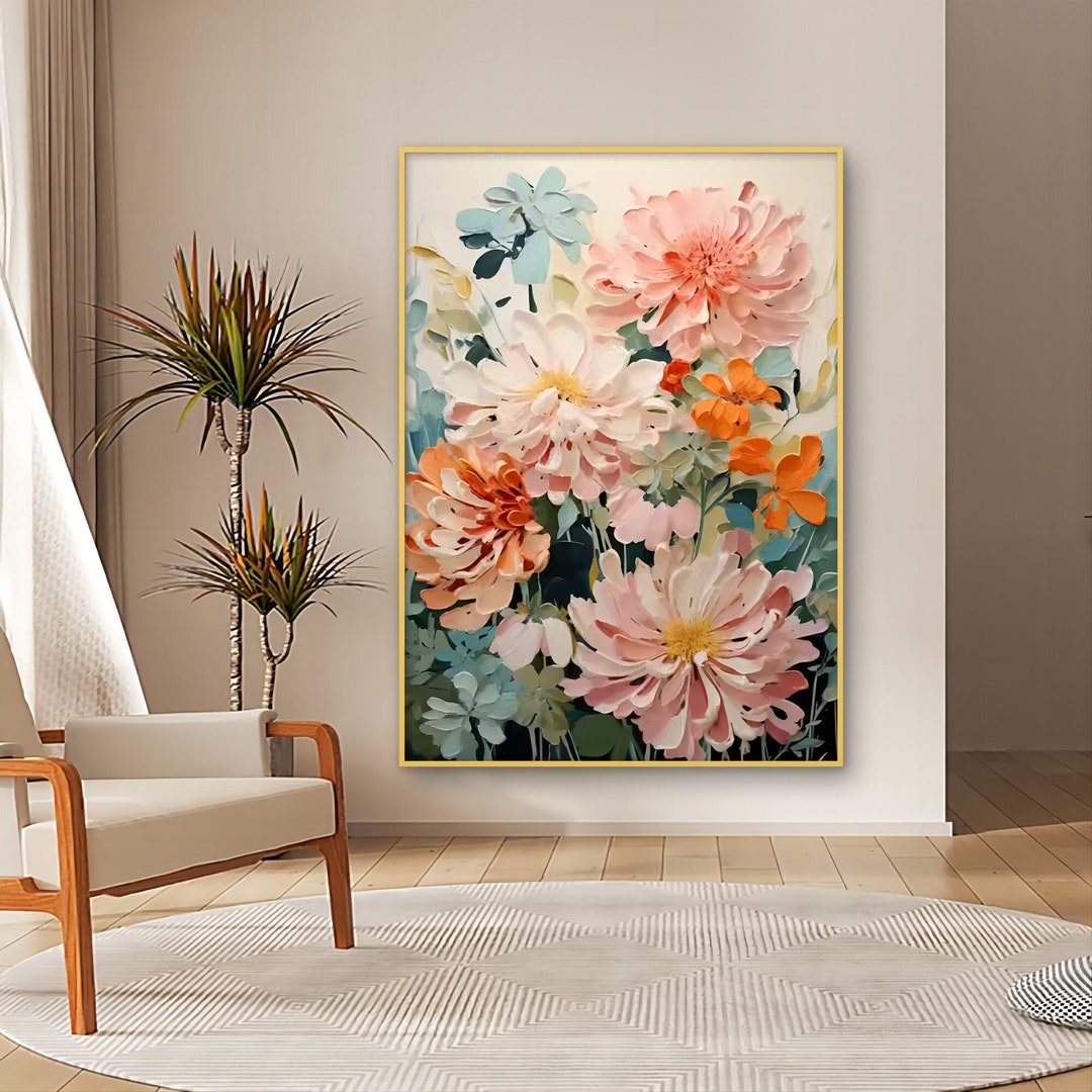 Large Original Flower Oil Painting on Canvas, Pink Floral Wall Art ...