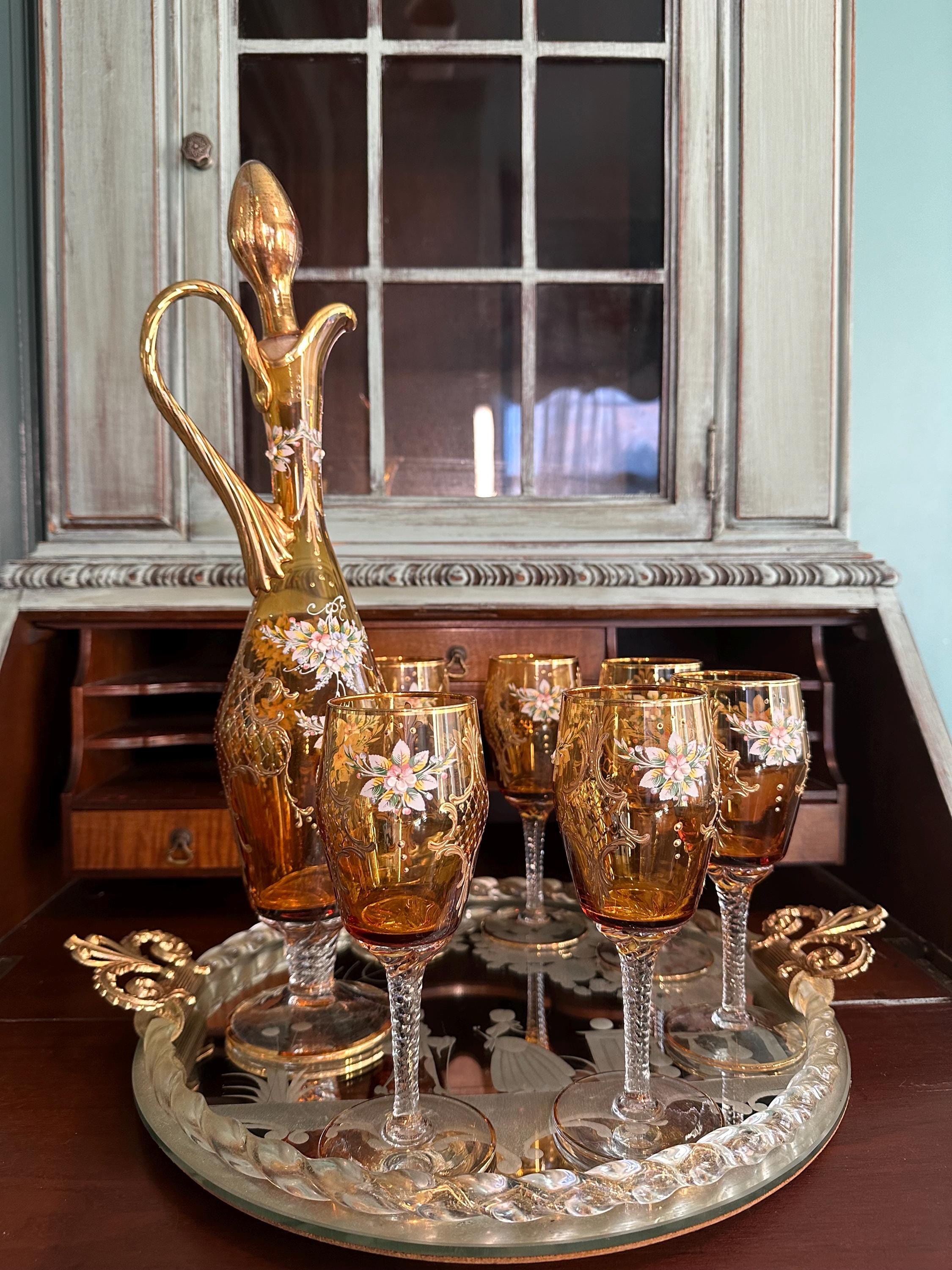 Murano Glass Decanter Set – 24K Gold Leaf, Rococo Tray, Six Wine
