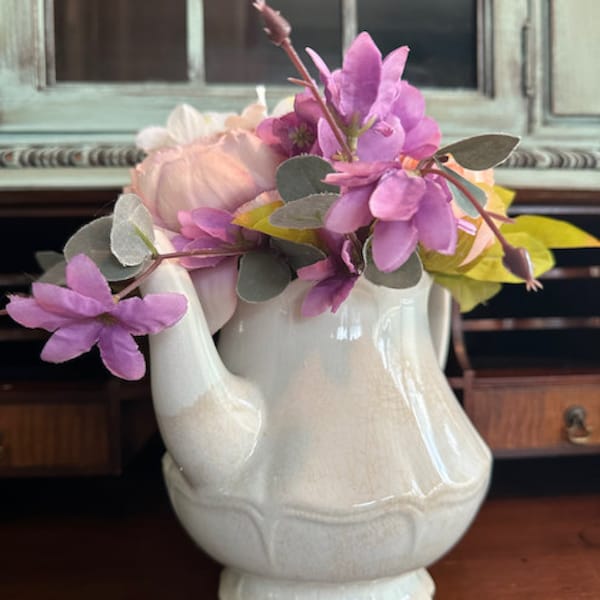 Teapot Silk Pink and Violet Peony Arrangement