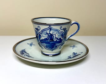 Vintage Delft Blue Cup and Saucer Set With a Windmill Design