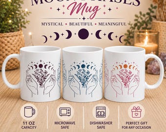 Moon Phases Mug, Celestial Lunar Coffee Cup, 11 oz Ceramic Mug