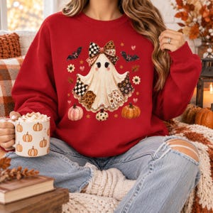 Bow Ghost Sweatshirt, Cute Halloween Pumpkin Crewneck, Patchwork Ghost Sweater