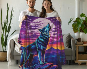 Howling Wolf Blanket, Wolf Throw Blanket, Rustic Wildlife Plush Blanket, Cozy Cabin Decor Gift for Him or Her, Winter Bedding