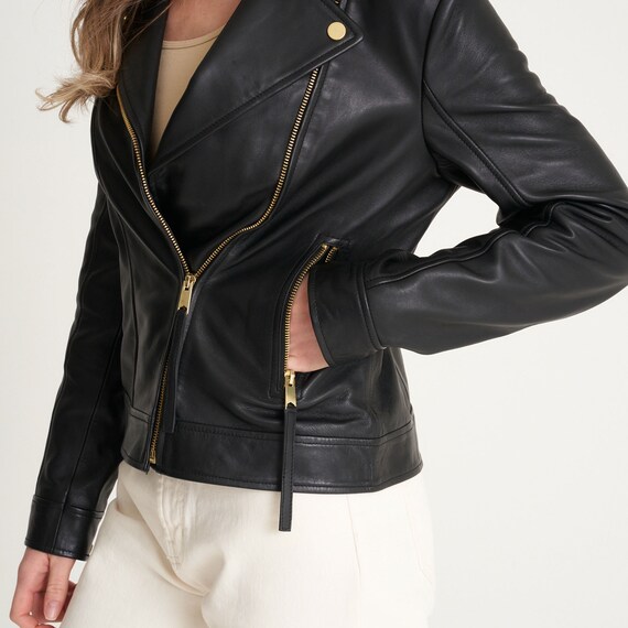 Women s Black Leather Jacket With Gold Plated Zip Button Lambskin Jacket Gift for Women Women Leather Jacket Biker Jacket Gift for Her Etsy Canada