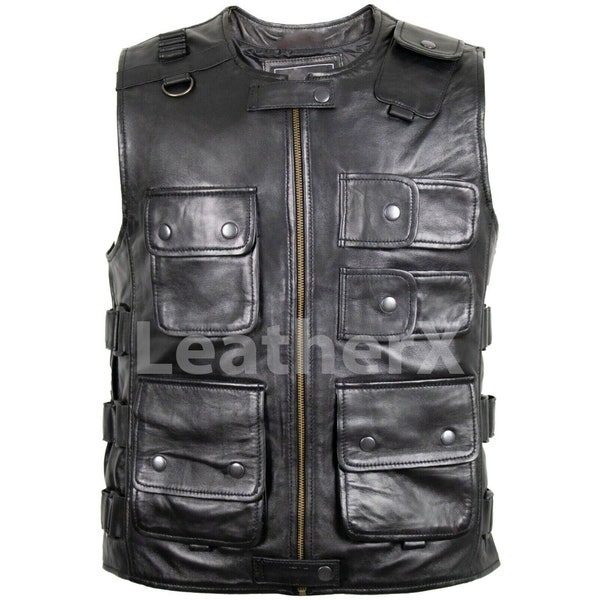 Men Utility Vest Genuine Cowhide Leather Vest with Multi Pockets Fisherman Hunter Cargo Waistcoat Gilet Safari Hunting Vest Gift For Him