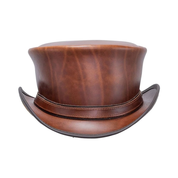 Australian style Marlow Top Hat cowboy hat Buffalo Leather Hat. 100% hand made Men's Leather Hunting Riding Top Hat with Leather Hat Band