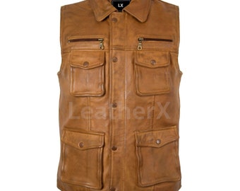 Men's Leather Vest 100% Lamb Soft Leather Vest Brown Leather Vest - Soft Sheepskin Vest Slim Fit Motorcycle Vest, Leather Vest, Gift For Men