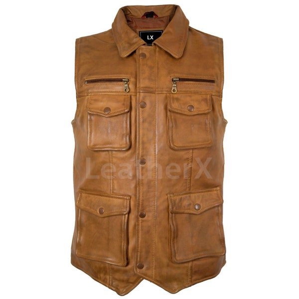 Men's Leather Vest 100% Lamb Soft Leather Vest Brown Leather Vest - Soft Sheepskin Vest Slim Fit Motorcycle Vest, Leather Vest, Gift For Men