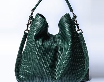 Handmade Knot Woven Bag, Women Hobo Bag, Vintage Bag, Large leather bag, Vegan Leather Shoulder bag, Leather Purse, Handmade Handbag, Green