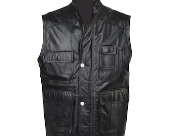 Men's Sons of Anarchy Style Leather Full Grain Cut Off Waistcoat Vest 8 Pocket Leather Gilet black Hunting vest, Safire Vest, Travel Vest