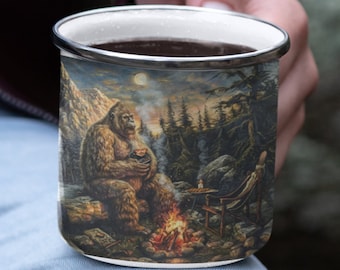 Bigfoot Enamel Camp Cup Camping Coffee Mug Gift for him her Unique Gift Idea Campfire Woods Mountains Sasquatch Forest Wilderness Outdoors