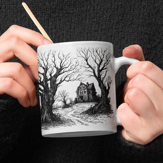 Halloween Haunted House Mug Spooky Coffee Mug Gift for Her Him Unique Gift Idea Bats Trees Horror Halloween Gift Creepy Haunted Mansion Tea