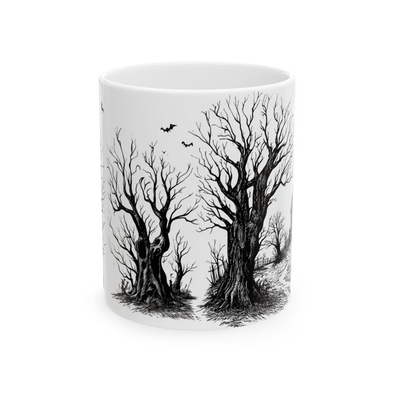 Halloween Haunted House Mug Spooky Coffee Mug Gift for Her Him Unique Gift Idea Bats Trees Horror Halloween Gift Creepy Haunted Mansion Tea image 9