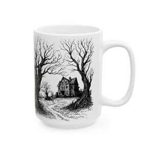 Halloween Haunted House Mug Spooky Coffee Mug Gift for Her Him Unique Gift Idea Bats Trees Horror Halloween Gift Creepy Haunted Mansion Tea image 4
