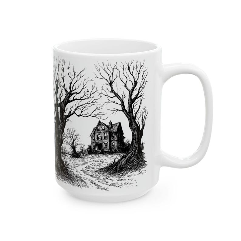 Halloween Haunted House Mug Spooky Coffee Mug Gift for Her Him Unique Gift Idea Bats Trees Horror Halloween Gift Creepy Haunted Mansion Tea image 4