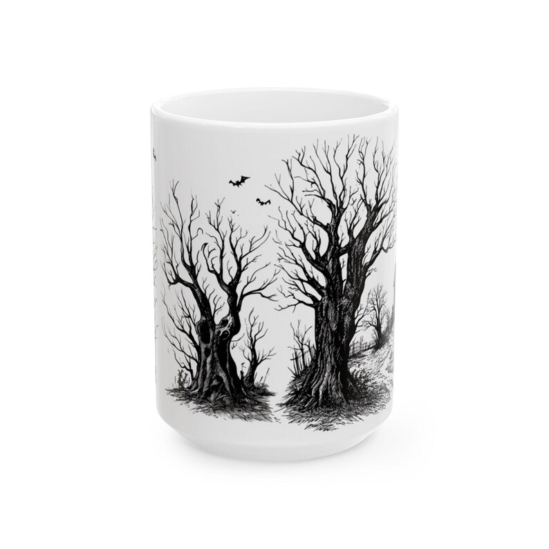 Halloween Haunted House Mug Spooky Coffee Mug Gift for Her Him Unique Gift Idea Bats Trees Horror Halloween Gift Creepy Haunted Mansion Tea image 5