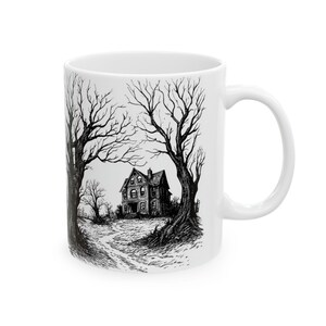 Halloween Haunted House Mug Spooky Coffee Mug Gift for Her Him Unique Gift Idea Bats Trees Horror Halloween Gift Creepy Haunted Mansion Tea image 8