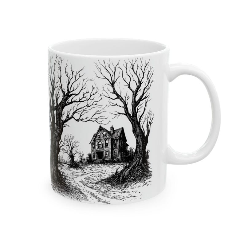 Halloween Haunted House Mug Spooky Coffee Mug Gift for Her Him Unique Gift Idea Bats Trees Horror Halloween Gift Creepy Haunted Mansion Tea image 8