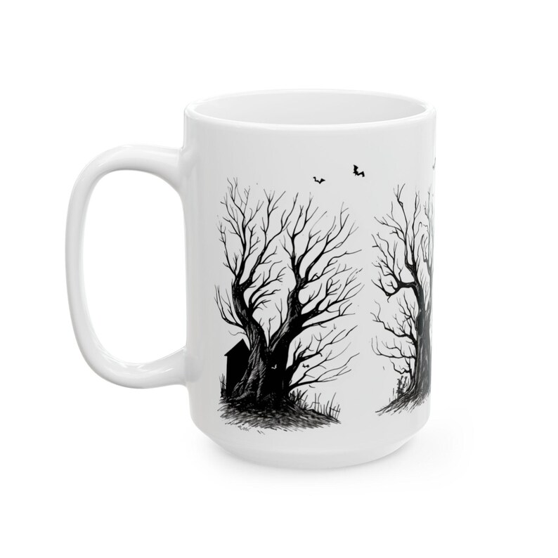 Halloween Haunted House Mug Spooky Coffee Mug Gift for Her Him Unique Gift Idea Bats Trees Horror Halloween Gift Creepy Haunted Mansion Tea image 6