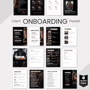 Preview layout of fitness coach onboarding documents including program overview, training philosophy, testimonials, and transformation roadmap pages.