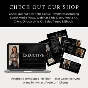 Check out our aesthetic Canva Templates including Social Media Posts, Webinar Slide Deck, Media Kit, Client Onboarding Kit, Sales Pages & Ebook.