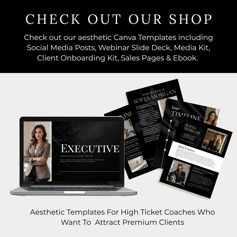 Check out our aesthetic Canva Templates including Social Media Posts, Webinar Slide Deck, Media Kit, Client Onboarding Kit, Sales Pages & Ebook.