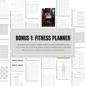 Preview of a fitness planner bonus including workout logs, habit trackers, sleep tracker, body measurement tracker, and daily planning pages.