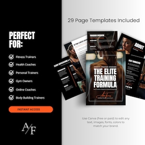 Fitness trainer onboarding kit template mockup highlighting pages designed for personal trainers, health coaches, and online fitness coaches.