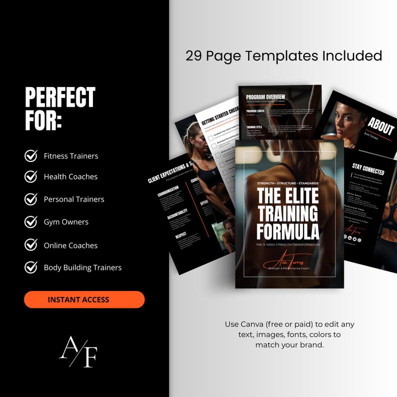 Fitness trainer onboarding kit template mockup highlighting pages designed for personal trainers, health coaches, and online fitness coaches.