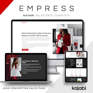May include: A website mockup for a coaching program called "Empress: Elite Coaching for High-Achievers Ready to Scale Their Success." The website features a black and white image of a woman in a red blazer, a call to action button that says "Apply Now", and a tagline that says "High Converting Sales Page".