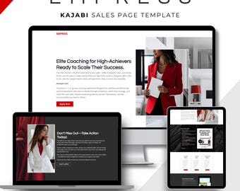 May include: A website mockup for a coaching program called "Empress: Elite Coaching for High-Achievers Ready to Scale Their Success." The website features a black and white image of a woman in a red blazer, a call to action button that says "Apply Now", and a tagline that says "High Converting Sales Page".