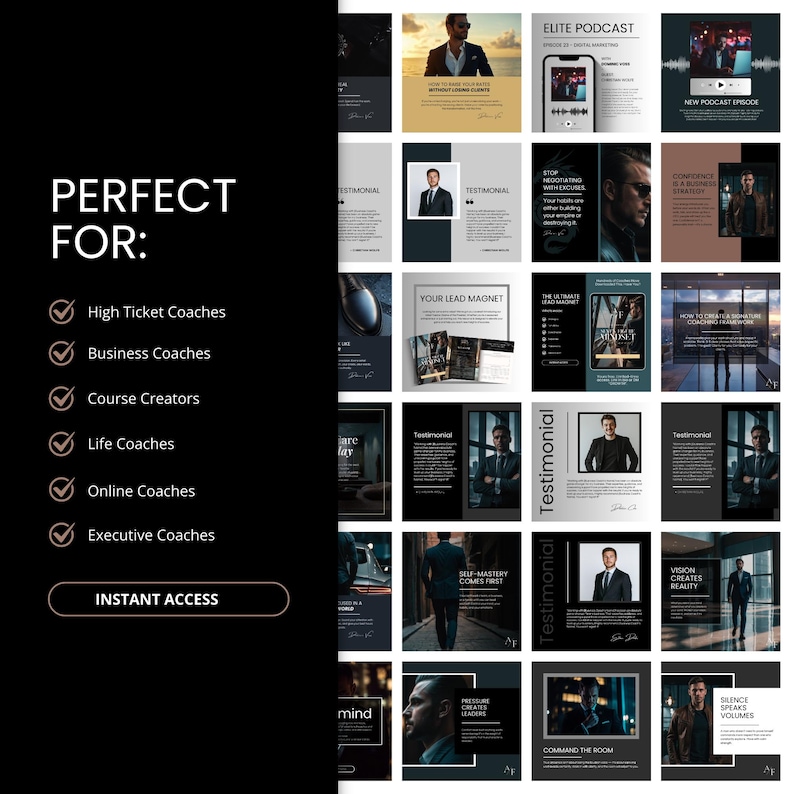 Luxury dark aesthetic Canva templates for business coaches, course creators, and executive branding