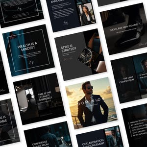 May include: A collection of square promotional images with text and imagery. The images feature quotes like "Wealth is a Mindset" and "Style is Strategy." Other images show a watch, a man in sunglasses, and a woman in a blazer.