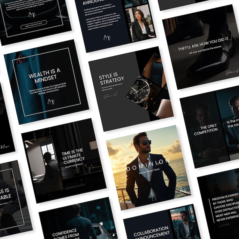 May include: A collection of square promotional images with text and imagery. The images feature quotes like "Wealth is a Mindset" and "Style is Strategy." Other images show a watch, a man in sunglasses, and a woman in a blazer.