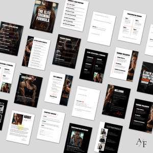 Grid display of editable fitness coaching documents including intake forms, FAQ page, commitment agreement, and program overview.