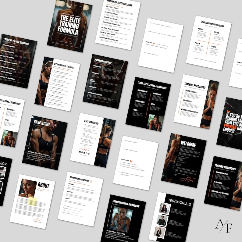 Grid display of editable fitness coaching documents including intake forms, FAQ page, commitment agreement, and program overview.