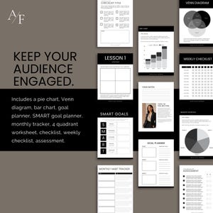 This Canva template also has a wide range of work pages, goal trackers, checklists and more that you can modify as needed.