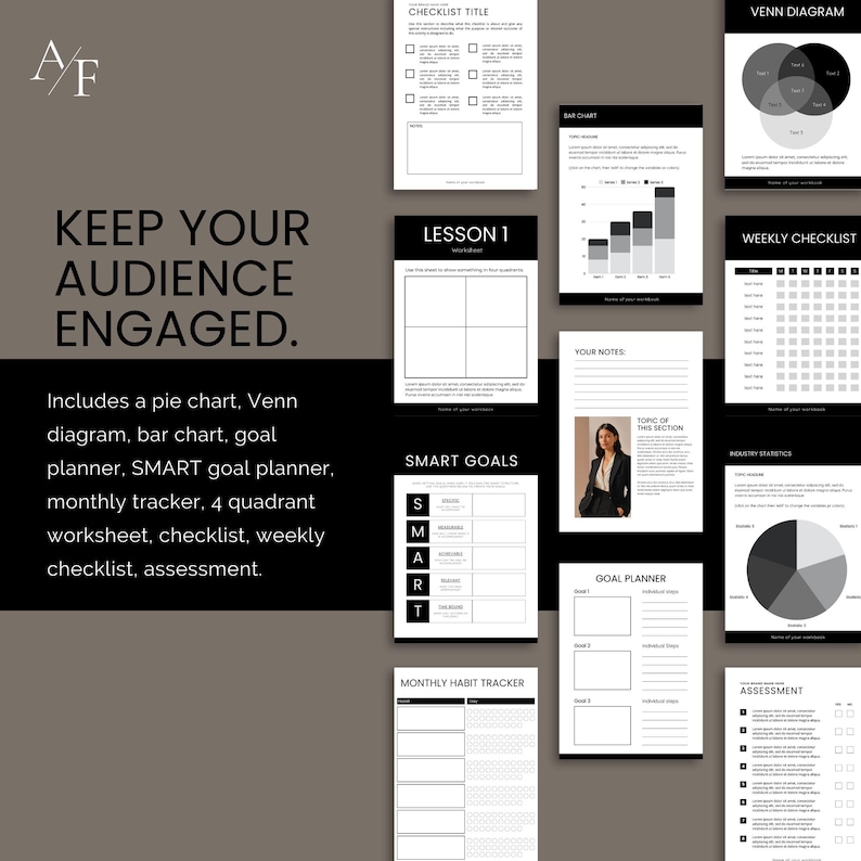 This Canva template also has a wide range of work pages, goal trackers, checklists and more that you can modify as needed.