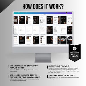 Screenshot of Canva editor showing the fitness coach onboarding template pages with instructions explaining how to edit and export the documents.