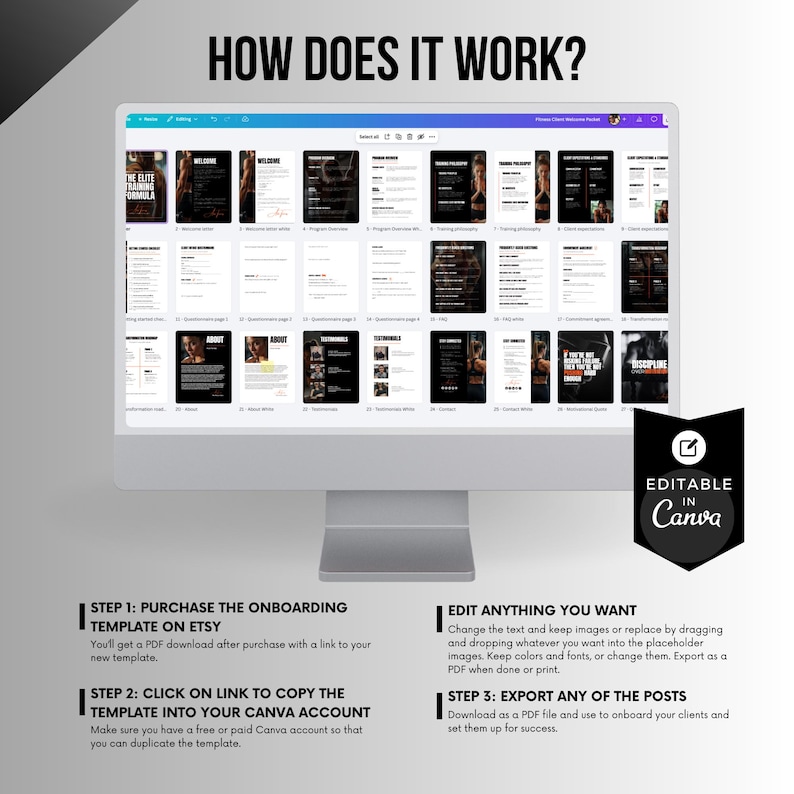Screenshot of Canva editor showing the fitness coach onboarding template pages with instructions explaining how to edit and export the documents.
