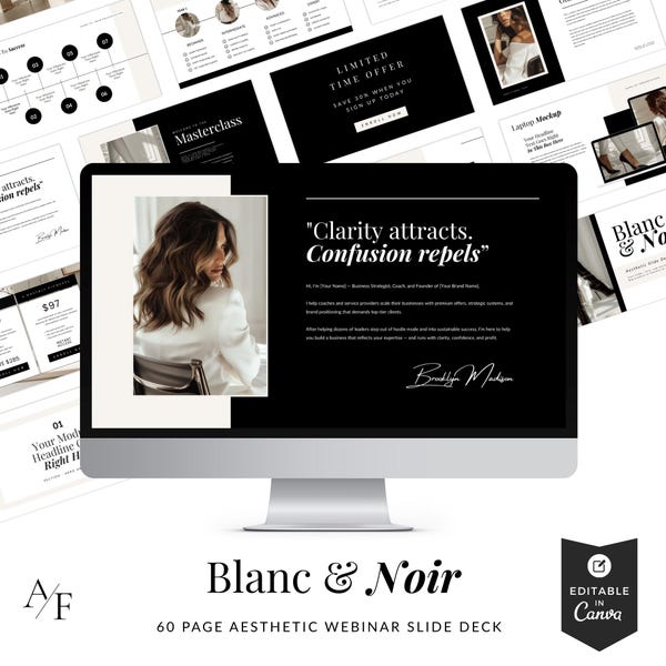 Elegant Webinar Slide Deck Canva Template: Minimalist Presentation for Coaches (63 Slides)