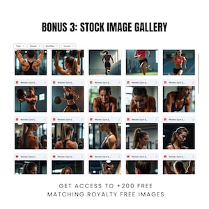 Gallery of female strength training stock photos included as a bonus for fitness coaches to use in their branding and marketing.